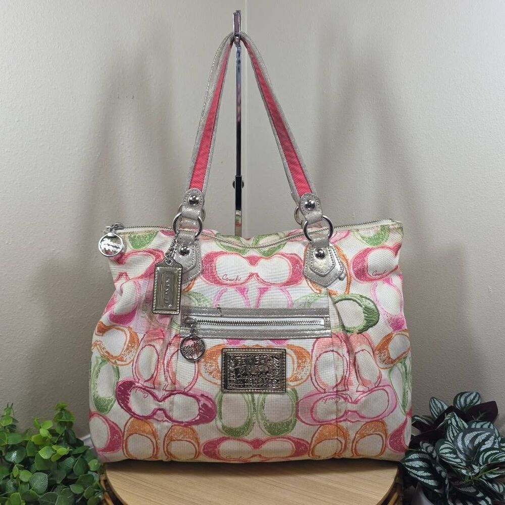 Coach Poppy Dream C Glam Tote Silver Multi Canvas Shoulder Bag Style 16697